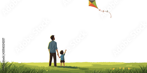 Fathers Day vector illustration with a loving father and son flying a colorful kite in a green field