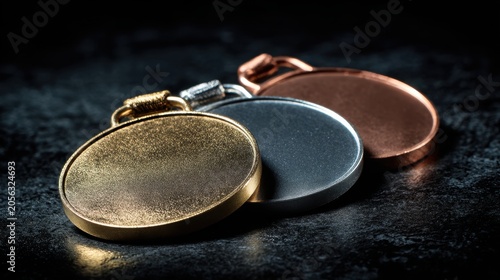 Three Sports Championship Medals Gold Silver Bronze Arranged in Studio Lighting