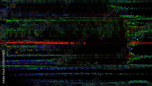 Canvas-taulu Abstract digital glitch texture on a black background, with distorted neon blue, cyan, green, and purple scan lines, creating a futuristic cyber error effect