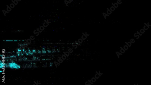 Obraz na plátně Abstract digital glitch texture on a black background, with distorted neon blue, cyan, green, and purple scan lines, creating a futuristic cyber error effect