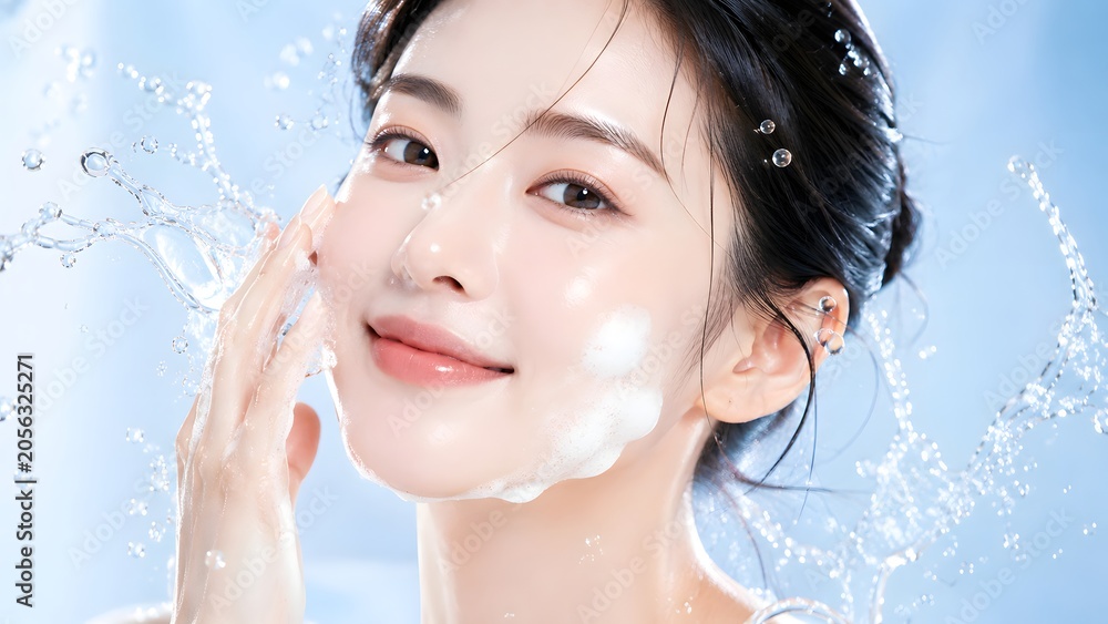 Naklejka premium Smiling Asian woman applying cleansing micro foam on her face with fresh water splash