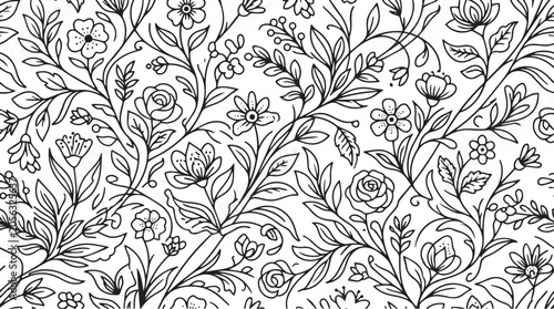 Canvastavla Seamless Black and White Garden Floral Pattern with Elegant Line Art Wildflower