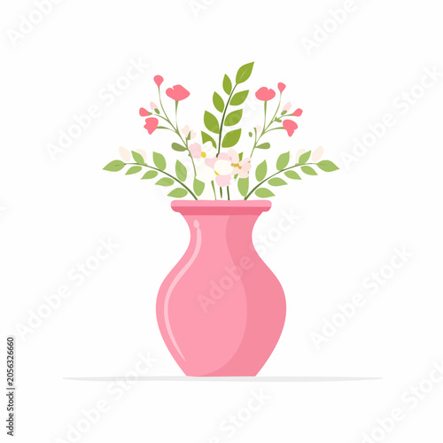 Pink vase with delicate flowers and green leaves