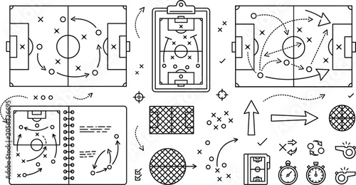 Cuadro en lienzo Soccer football tactics line icon set vector elements featuring pitch field coac