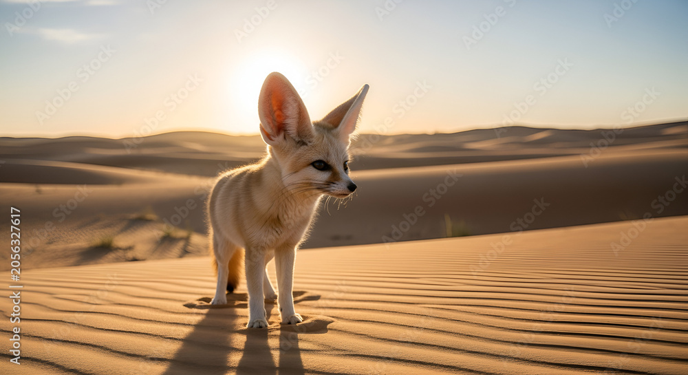 Naklejka premium Fennec Fox with Large Ears in Desert Sunset Light