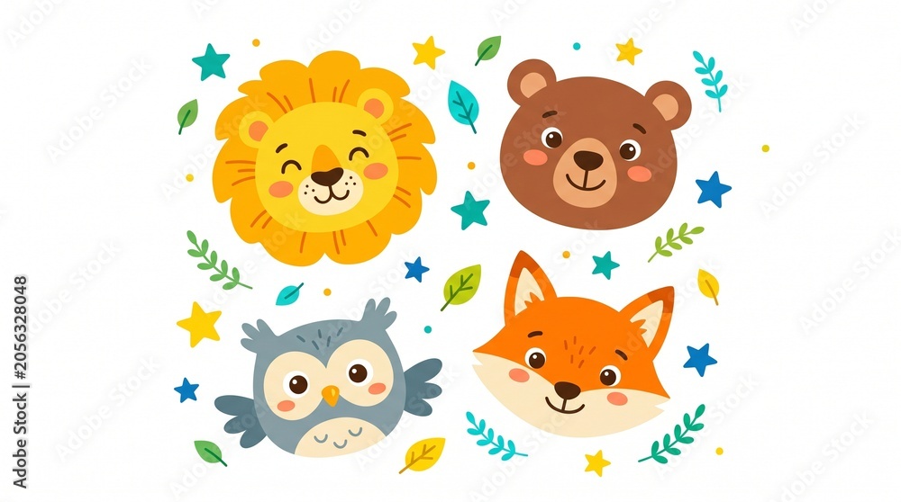 Obraz premium Collection of cute wild animal faces for kids design