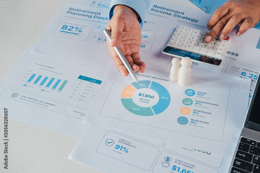 © LAONG - Financial advisor reviewing retirement readiness assessment dashboard with retirement planning, savings progress, income strategy, healthcare preparation and lifestyle sustainability analysis