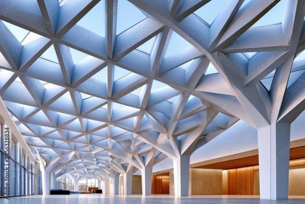 Naklejka premium Modern geometric atrium interior with dramatic ceiling pattern, skylights and open corporate lobby space