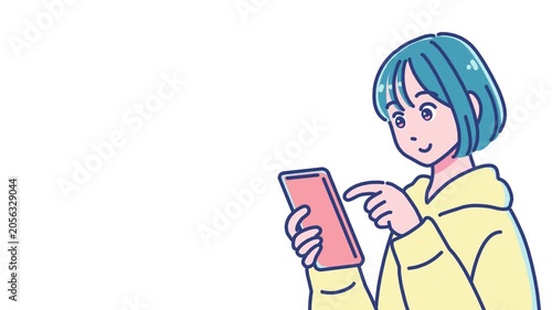 スマホを使うアニメ調の女の子　背景透過