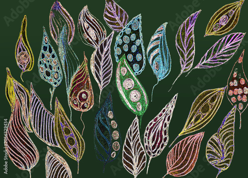 Abstract doodle of bright colorful leaves on a dark green background. The dabbing technique gives a soft focus effect due to the altered surface roughness of the paper.