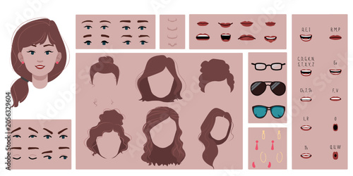 Female face constructor, avatar of woman character creation hairstyle, nose, eyes with eyebrows and lips. Cartoon set suitable for animation and lip sync speaking.