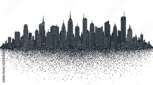 Monochrome cityscape skyline silhouette with artistic dot texture.