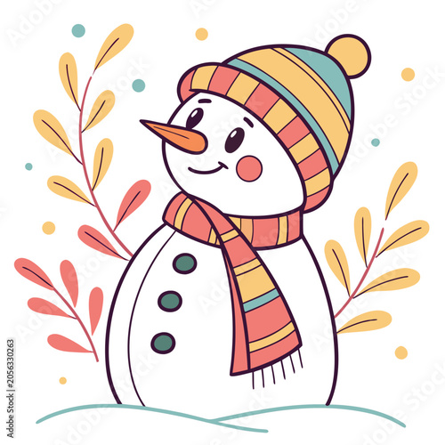 Bild auf Leinwand Cute snowman wearing winter hat and scarf isolated.