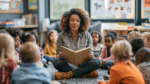Preschool teacher reading a storybook to children in a classroom, promoting early childhood education, learning, literacy development, student engagement and positive classroom interaction