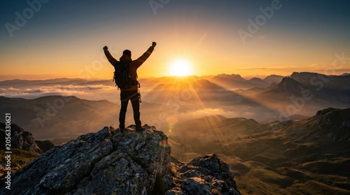 Summit Serenity: A solitary figure stands triumphantly atop a rugged mountain peak, arms outstretched to embrace the breathtaking panorama of a radiant sunrise painting the sky with golden hues.