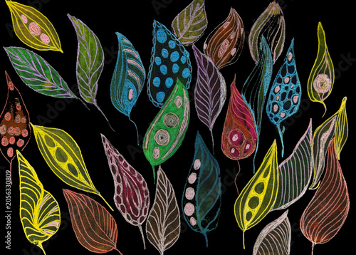 Abstract doodle of clorful leaves with black background. The dabbing technique gives a soft focus effect due to the altered surface roughness of the paper.