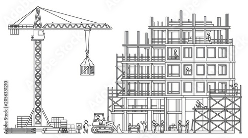 Line art illustration of building construction site.