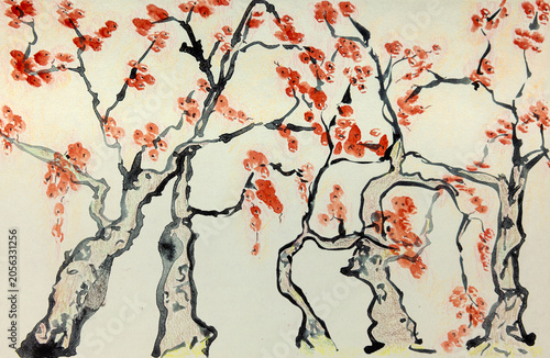 Painting of five sakura trees. The dabbing technique gives a soft focus effect due to the altered surface roughness of the paper.