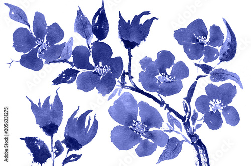 Blue cherry blossom, delft inspired flowers, sakura inspired. The dabbing technique gives a soft focus effect due to the altered surface roughness of the paper.