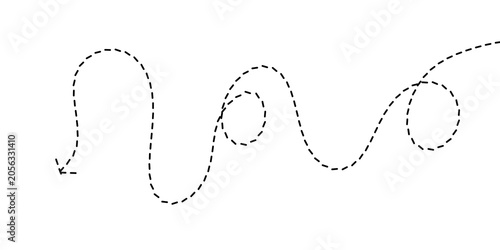 Dynamic winding dotted line graphic element with an arrow, representing an indirect path, a flexible route, or the concept of fluid movement and changing direction