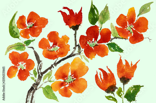 Bright camellia on a branch, minimalist painting, sakura. The dabbing technique gives a soft focus effect due to the altered surface roughness of the paper.