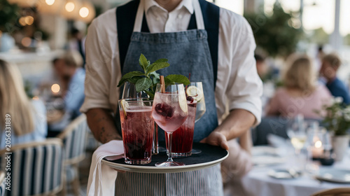 Professional waiter serving colorful cocktails to restaurant guests, showcasing excellent hospitality, customer service, fine dining experience, social gathering and premium beverage presentation