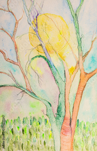 Sun through branches of tree, colorful watercolor painting. The dabbing technique gives a soft focus effect due to the altered surface roughness of the paper.
