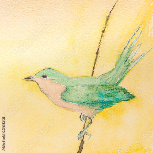 Green sparrow on a branch, watecolor with yellow background. The dabbing technique gives a soft focus effect due to the altered surface roughness of the paper.