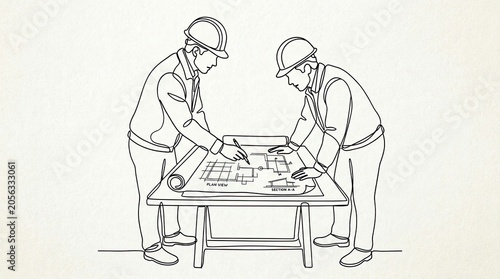 Hand drawn sketch of engineers reviewing construction plans.