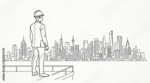 Line drawing of professional looking at city skyline.