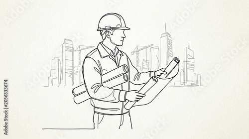 Minimalist line drawing of architect holding blueprints.