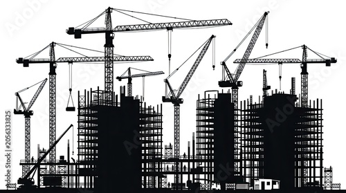 Multiple cranes at urban construction site silhouette.