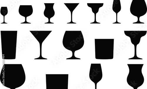 Canvas Print Silhouettes of diverse drinking glasses for cocktails, wine, and beverages in ve