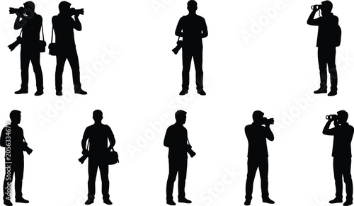 Obraz na plátně Collection of photographer and observer silhouettes with cameras and binoculars