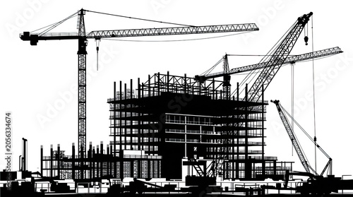 Black silhouette of high-rise building construction with cranes.