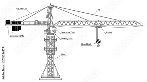 Technical diagram and layout of industrial tower crane.