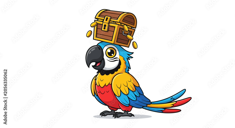 Fototapeta premium Cartoon Macaw Parrot Balancing Treasure Chest with Gold Coins on Head