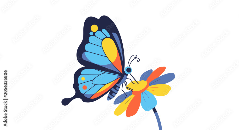 Fototapeta premium Colorful Butterfly Landing on Abstract Flower Illustration
