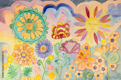 Whimsical floral chinoiserie garden with sun. The dabbing technique gives a soft focus effect due to the altered surface roughness of the paper.