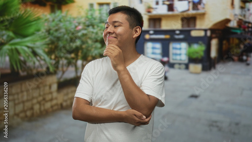Foto Young man with hand on chin on street, smiling with eyes closed and crossed arms; thoughtful quiet reflection