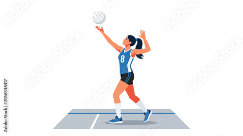 Female volleyball player serving ball on court, athletic woman, sports illustration