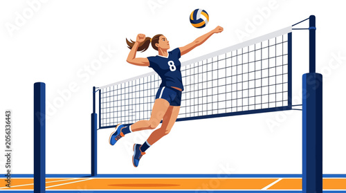 Female volleyball player mid-jump hitting ball over net, dynamic action shot