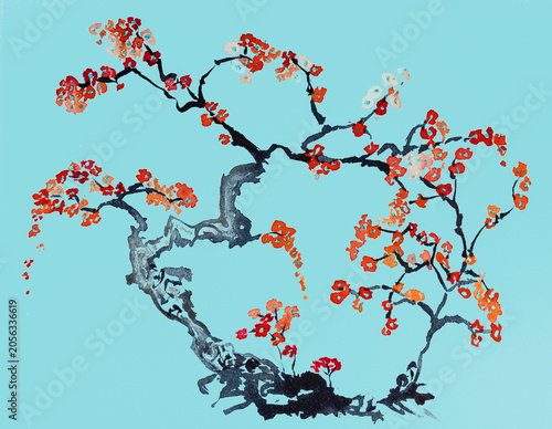 Blooming sakura tree with turquoise blue background. The dabbing technique gives a soft focus effect due to the altered surface roughness of the paper.