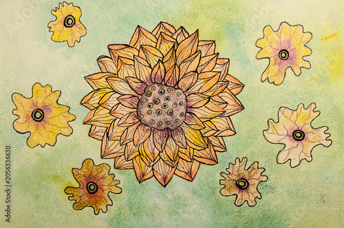 Foral abstract doodle with green background. The dabbing technique gives a soft focus effect due to the altered surface roughness of the paper.