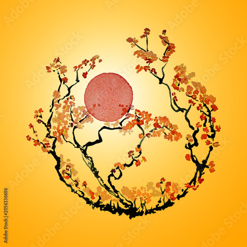 Circle of cherry blossom with red full moon painting on yellow background. The dabbing technique gives a soft focus effect due to the altered surface roughness of the paper.