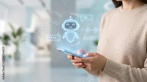 Woman using a smartphone with a virtual AI chatbot interface, representing artificial intelligence, customer support, automation and digital assistance