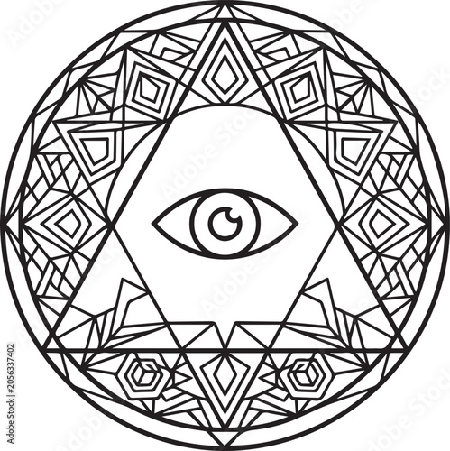 Black and white vector illustration of a human eye icon with abstract background showing iris, eyelashes and vision symbol design