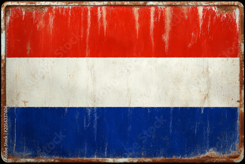 Vintage distressed metal sign of the netherlands flag with rust streaks, chipped paint and aged weathered texture.