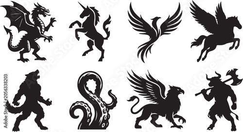 Foto Set of black mythical creature silhouettes featuring dragon unicorn phoenix pega