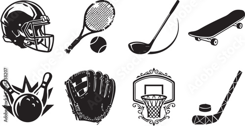 Photos Set of black sport equipment silhouettes including helmet tennis racket golf clu